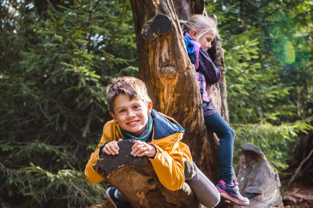 Zwei Kinder sitzen auf einem Baumstamm