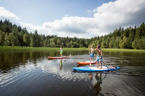 Drei Personen beim Stand-up-Paddeln auf dem Windgfällweiher, umgeben von dichtem Schwarzwaldwald