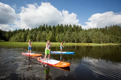 Drei Jugendliche auf Stand-up-Paddleboards auf dem Windgfällweiher, umgeben von Schwarzwaldwald