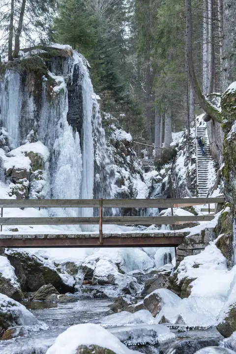 Gefrorener Wasserfall mit verschneiter Holzbrücke im Vordergrund und Treppe im Schwarzwald