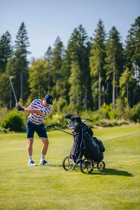 Golfer beim Abschlag mit Golfbag und Trolley vor Nadelwald