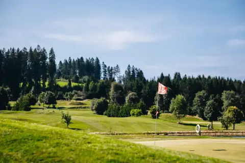Golfgrün mit roter Fahne, umgeben von Fairways und Wald