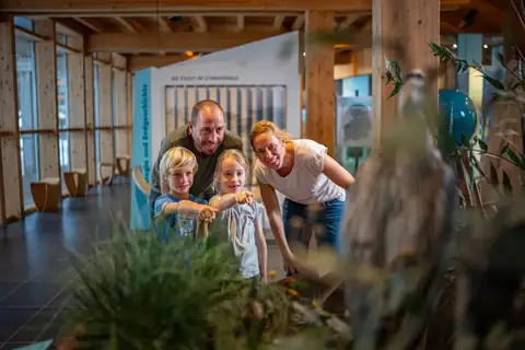Familie mit zwei Kindern beugt sich über ein Naturausstellungs-Diorama im Haus der Natur