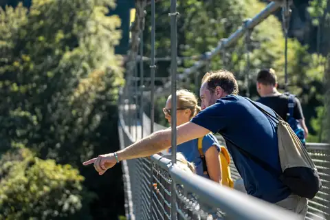 Zwei Personen auf einer Hängebrücke, einer zeigt in die Ferne, umgeben von grünem Wald.