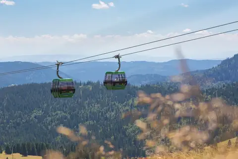 Zwei grüne Gondeln der Feldbergbahn über dem Schwarzwälder Bergwald mit weitem Panorama