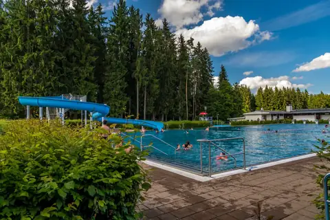 Freibad-Becken mit Wasserrutsche, badenden Gästen und Nadelwald im Hintergrund