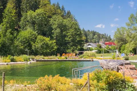Naturbadesee mit grünlichem Wasser, Edelstahlgelaender, Felsen und Waldkulisse im Hintergrund