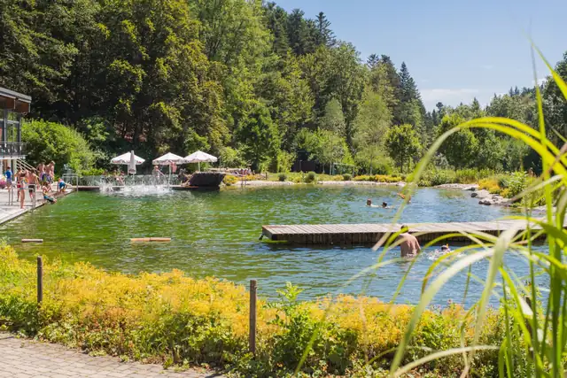 Naturena-Badesee mit grünem Wasser, Holzsteg, Sonnenschirmen am Ufer und Wald ringsum