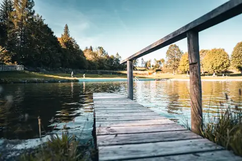 Hölzerner Steg mit Geländer führt ins ruhige Wasser eines Naturbadesees, umgeben von Wiese und Wald