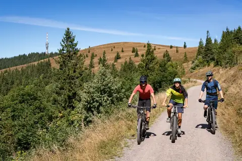 Drei Mountainbiker auf Schotterweg am Feldberg mit Sendemast und Gipfelkuppe im Hintergrund