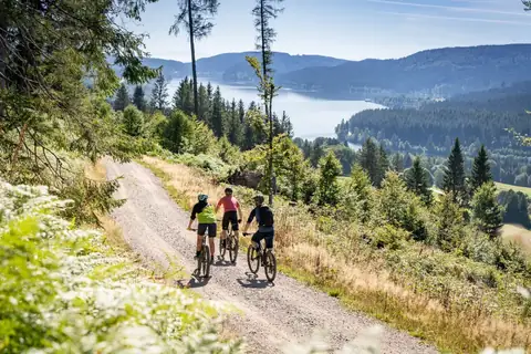 Mountainbike-Fahrer auf Gipfeltrail-Strecke mit Blick auf den Schluchsee.