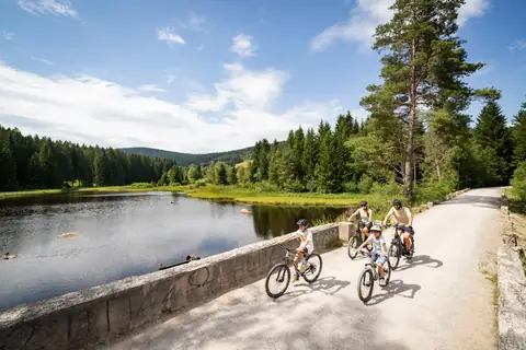 Familie mit E-Bikes auf steinerner Brücke am Waldsee im Schwarzwald