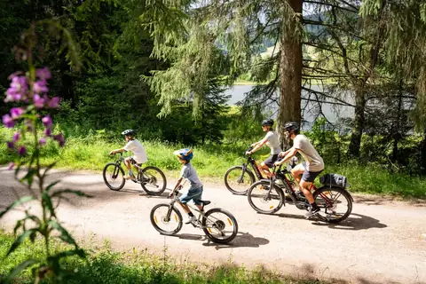 Familie mit Kindern fährt mit Mountainbikes auf Waldweg am Schluchsee