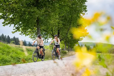 Zwei E-Bike-Fahrer auf Schotterweg unter Bäumen bei Schluchsee