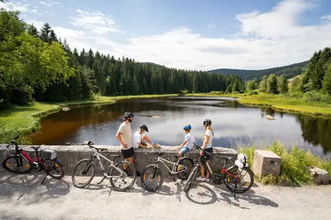 Vierköpfige Familie mit E-Bikes und Mountainbikes rastet an einer Steinmauer vor einem Waldweiher im Schwarzwald