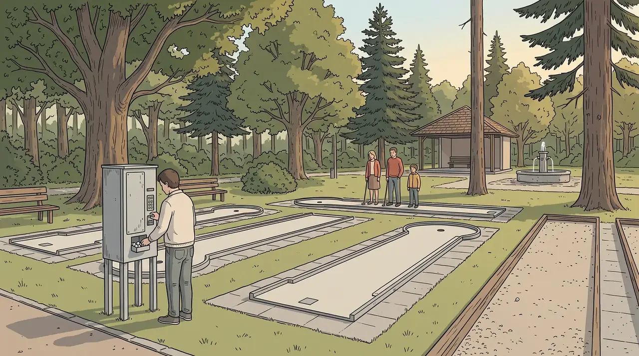Illustration: Minigolfbahnen in einem Kurpark mit altem Baumbestand. Links entnimmt ein Mann einen Ball am Ausgabeautomaten, im Hintergrund stehen zwei Erwachsene und ein Kind mit Schlägern am Abschlag, daneben ein Pavillon und ein Springbrunnen.