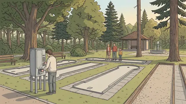Illustration: Minigolfbahnen in einem Kurpark mit altem Baumbestand. Links entnimmt ein Mann einen Ball am Ausgabeautomaten, im Hintergrund stehen zwei Erwachsene und ein Kind mit Schlägern am Abschlag, daneben ein Pavillon und ein Springbrunnen.