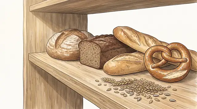 Illustration: Nahaufnahme eines Holzregals mit Brotlaiben, Baguette und einer Brezel, davor verstreute Getreidekörner, in warmen Brauntönen gezeichnet.