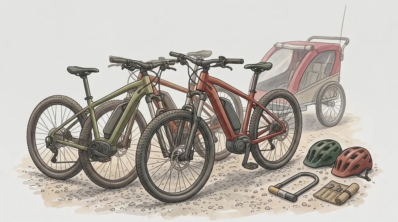 Illustration: Drei E-Mountainbikes auf einem Kiesplatz, daneben zwei Helme, ein Bügelschloss, eine Werkzeugtasche und ein Kinderanhänger.
