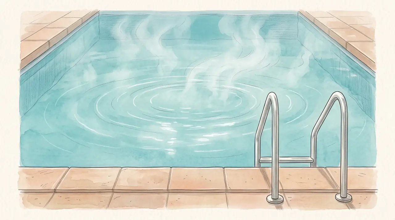 Illustration: Naher Ausschnitt einer ruhigen türkisfarbenen Wasserfläche mit gefliester Beckenkante, Edelstahlleiter und leichtem Dampf über dem Wasser.