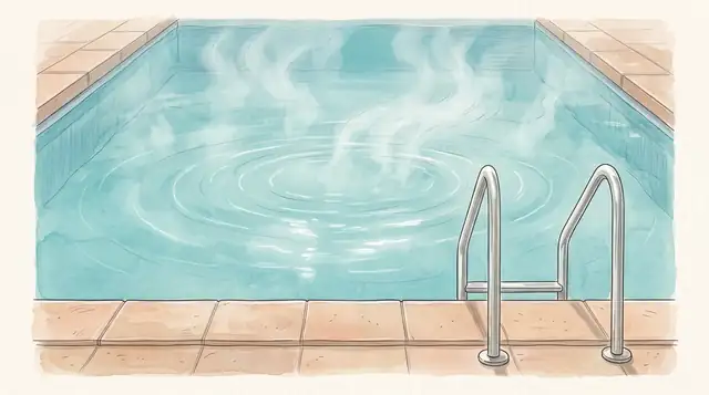 Illustration: Naher Ausschnitt einer ruhigen türkisfarbenen Wasserfläche mit gefliester Beckenkante, Edelstahlleiter und leichtem Dampf über dem Wasser.
