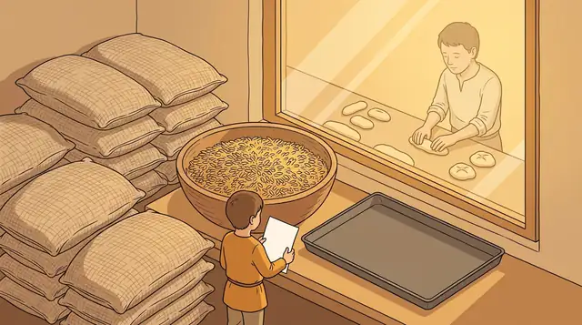 Illustration: Unbeschriftete Mehlsäcke, eine Schale Getreidekörner und ein Backblech vor einer Glasscheibe, dahinter formt eine Figur Teiglinge.