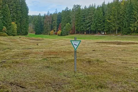 Naturschutzgebiet-Schild auf gemähter Moorwiese am Schlüchtsee, Schwarzwald im Hintergrund