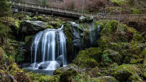 Mehrstufiger Wasserfall der Triberger Wasserfälle mit moosbedeckten Felsen und Holzbrücke im Hintergrund