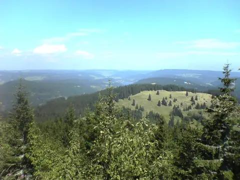 Weiter Schwarzwald-Panoramablick mit bewaldeten Hügeln und Tälern, im Hintergrund Titisee und Schluchsee erkennbar