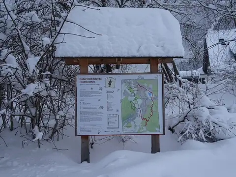 Informationstafel des Naturerlebnispfads Hinterzarten im Winter mit Schnee bedeckt