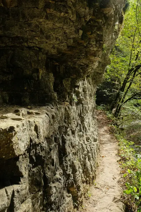 Schmaler Wanderweg entlang einer mächtigen Felswand in der Gauchachschlucht, Bäume im Hintergrund