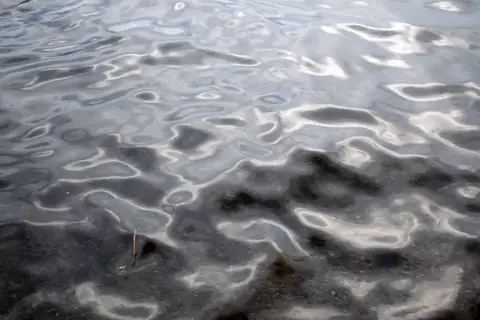 Lichtreflexe und Wellenmuster auf der flachen Wasseroberfläche des Windgfällweihers