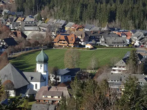 Blick auf Hinterzarten mit Zwiebelturm-Kirche, Kirchwiese und Schwarzwaldhäusern vor Wald