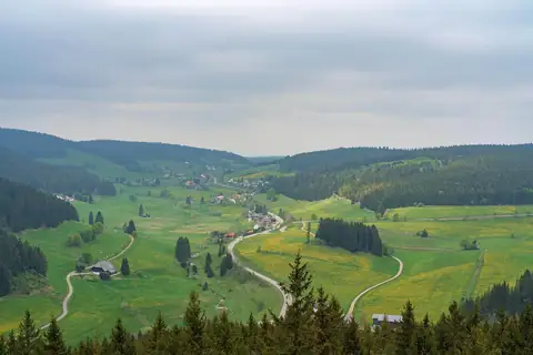Blick vom Riesenbühlturm auf das Fischbachtal mit verstreuten Höfen, Wiesen und Waldhügeln