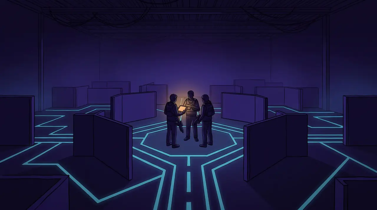 Illustration: Drei kleine Figuren mit einem Tablet in einer dunklen Halle unter Schwarzlicht, türkis leuchtende Bodenmarkierungen und niedrige Stellwände.