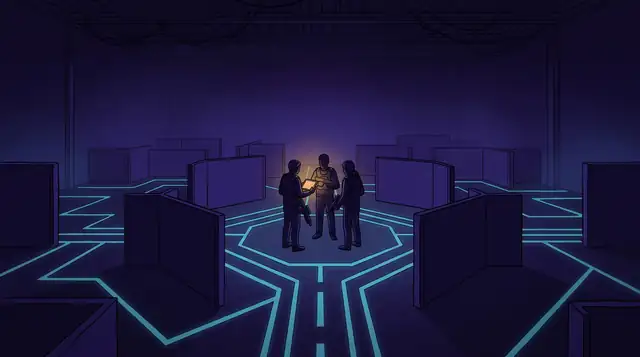 Illustration: Drei kleine Figuren mit einem Tablet in einer dunklen Halle unter Schwarzlicht, türkis leuchtende Bodenmarkierungen und niedrige Stellwände.