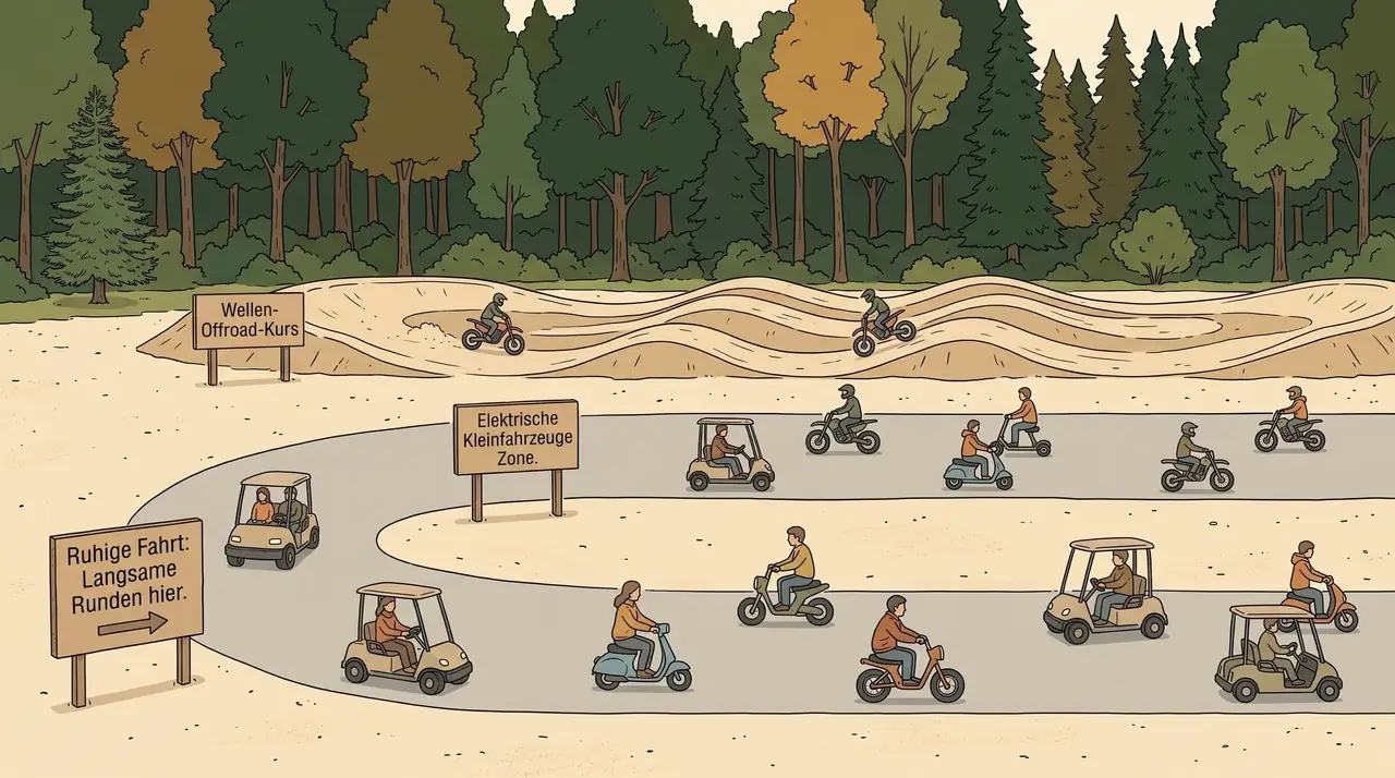 Illustration: Kleine Figuren fahren in Elektro-Kleinfahrzeugen über einen dreigeteilten Platz am Waldrand, daneben ein welliger Offroad-Kurs.