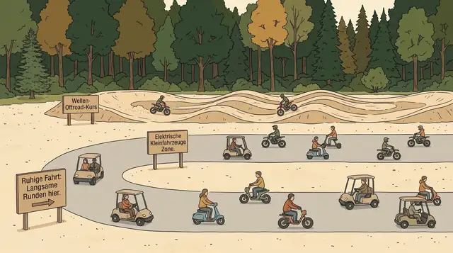 Illustration: Kleine Figuren fahren in Elektro-Kleinfahrzeugen über einen dreigeteilten Platz am Waldrand, daneben ein welliger Offroad-Kurs.