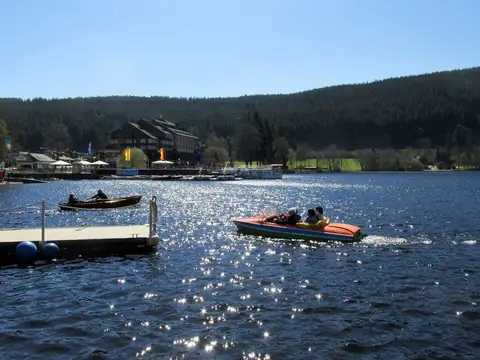 Tretboot und Ruderboot auf dem Titisee mit Uferpromenade und Hotel im Hintergrund