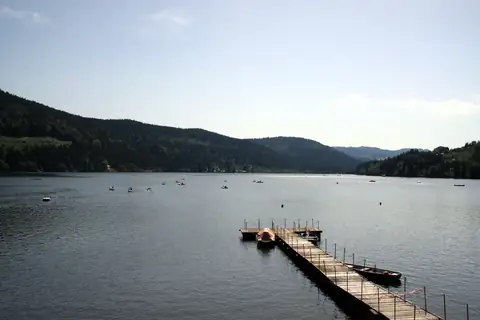 Titisee mit Tretbooten, Ruderboot am Steg und bewaldeten Ufern im Sonnenlicht