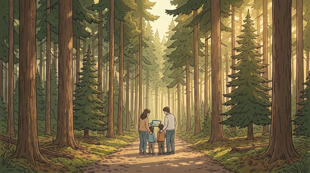 Illustration: Familie mit zwei Kindern steht auf einem flachen Waldweg im Nadelwald und schaut gemeinsam auf ein Tablet.
