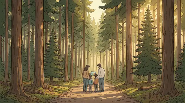 Illustration: Familie mit zwei Kindern steht auf einem flachen Waldweg im Nadelwald und schaut gemeinsam auf ein Tablet.