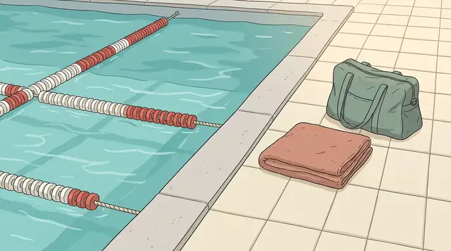 Illustration: Naher Ausschnitt einer Beckenkante mit türkisfarbenem Wasser, Bahnenleinen, gefliestem Rand, zusammengelegtem Handtuch und Badetasche.