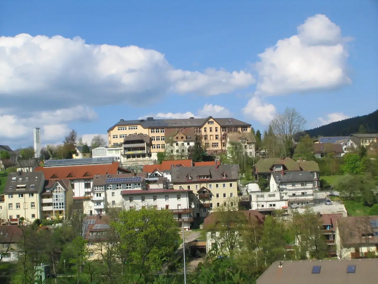 Hangansicht von Titisee-Neustadt mit Wohnhäusern und großem Gebäude vor Waldberg