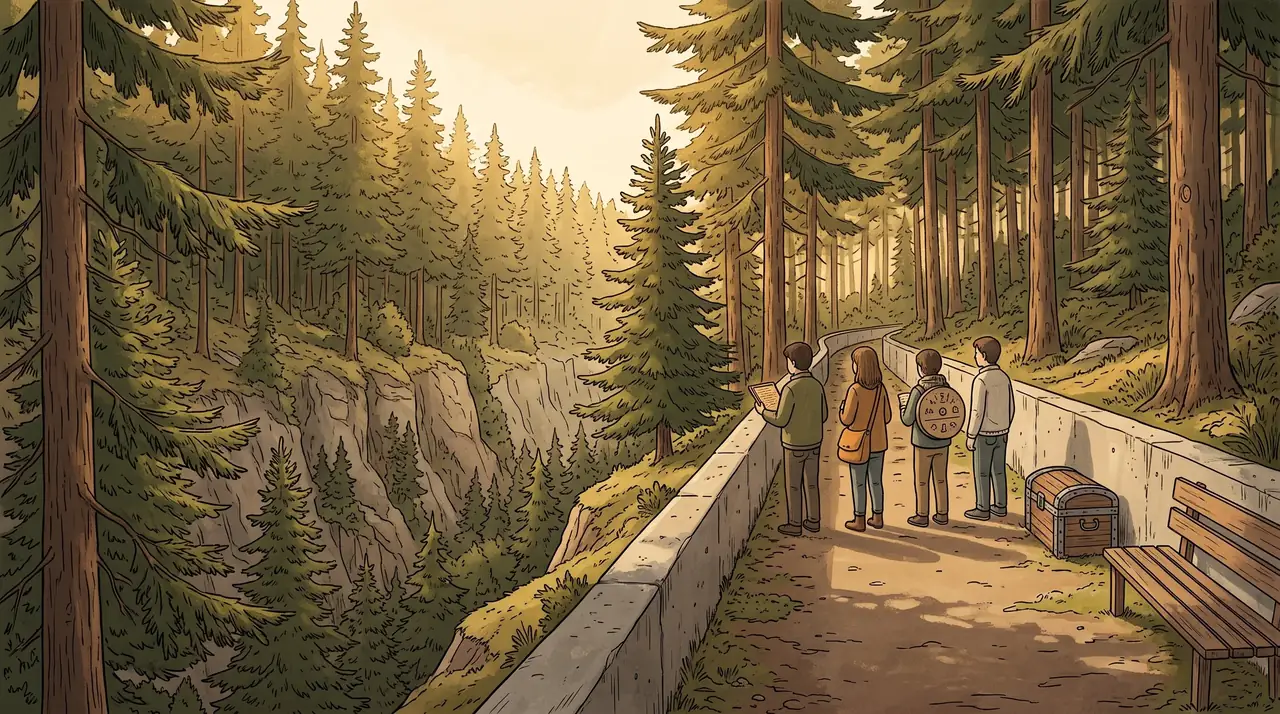 Illustration: Familie mit Tablet, Stofftasche und Holzscheibe auf einem Waldweg neben einer Schlucht, warmes Licht, kleine Figuren aus mittlerer Distanz.