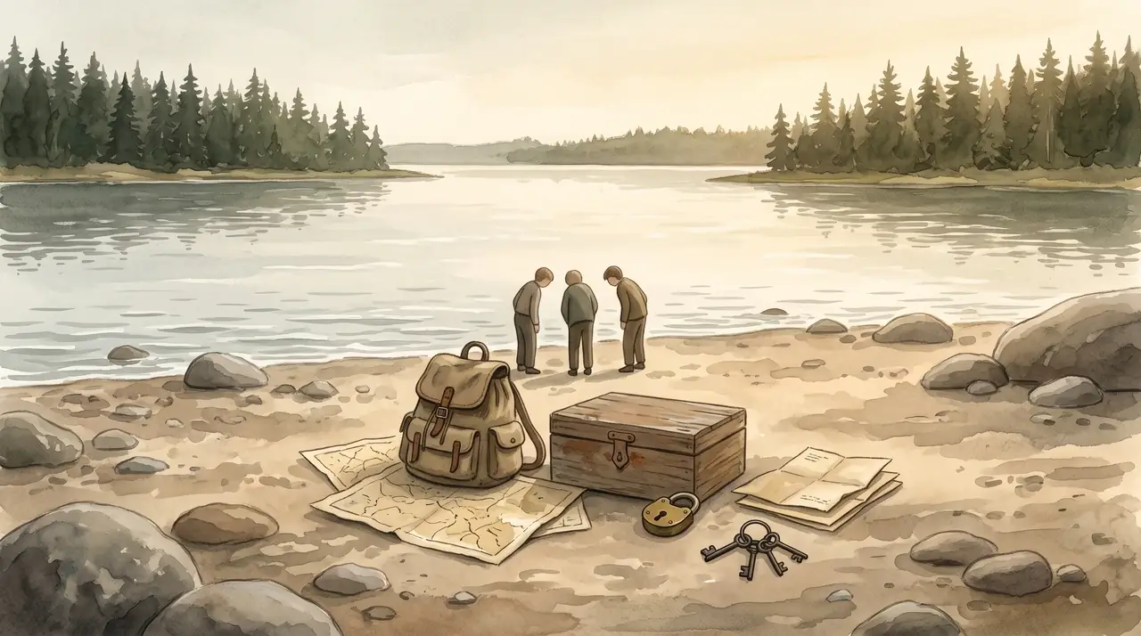 Illustration: Seeufer mit Steinen, drei kleine Figuren über einer Karte, daneben Rucksack, Briefe, Schlüssel, Holzkiste und Vorhängeschloss