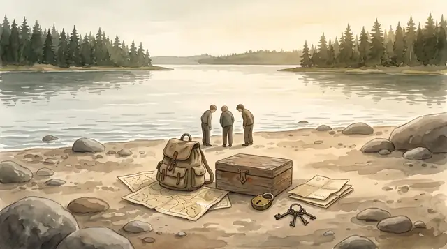 Illustration: Seeufer mit Steinen, drei kleine Figuren über einer Karte, daneben Rucksack, Briefe, Schlüssel, Holzkiste und Vorhängeschloss