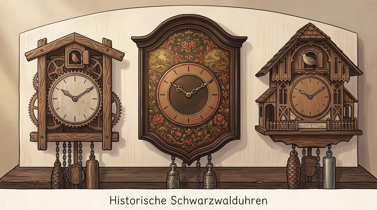 Illustration: naher Ausschnitt mit drei historischen Schwarzwalduhren, Holzraduhr, bemaltes Lackschild und häuschenförmige Uhr mit Wachtelfigur.