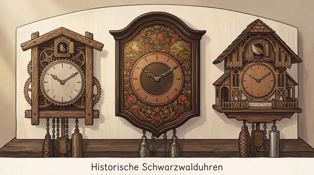 Illustration: naher Ausschnitt mit drei historischen Schwarzwalduhren, Holzraduhr, bemaltes Lackschild und häuschenförmige Uhr mit Wachtelfigur.