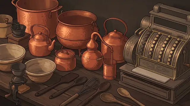 Illustration: Nahansicht matt schimmernder Kupfergefäße und alter Utensilien neben einer altmodischen Registrierkasse in warmem Halbdunkel.